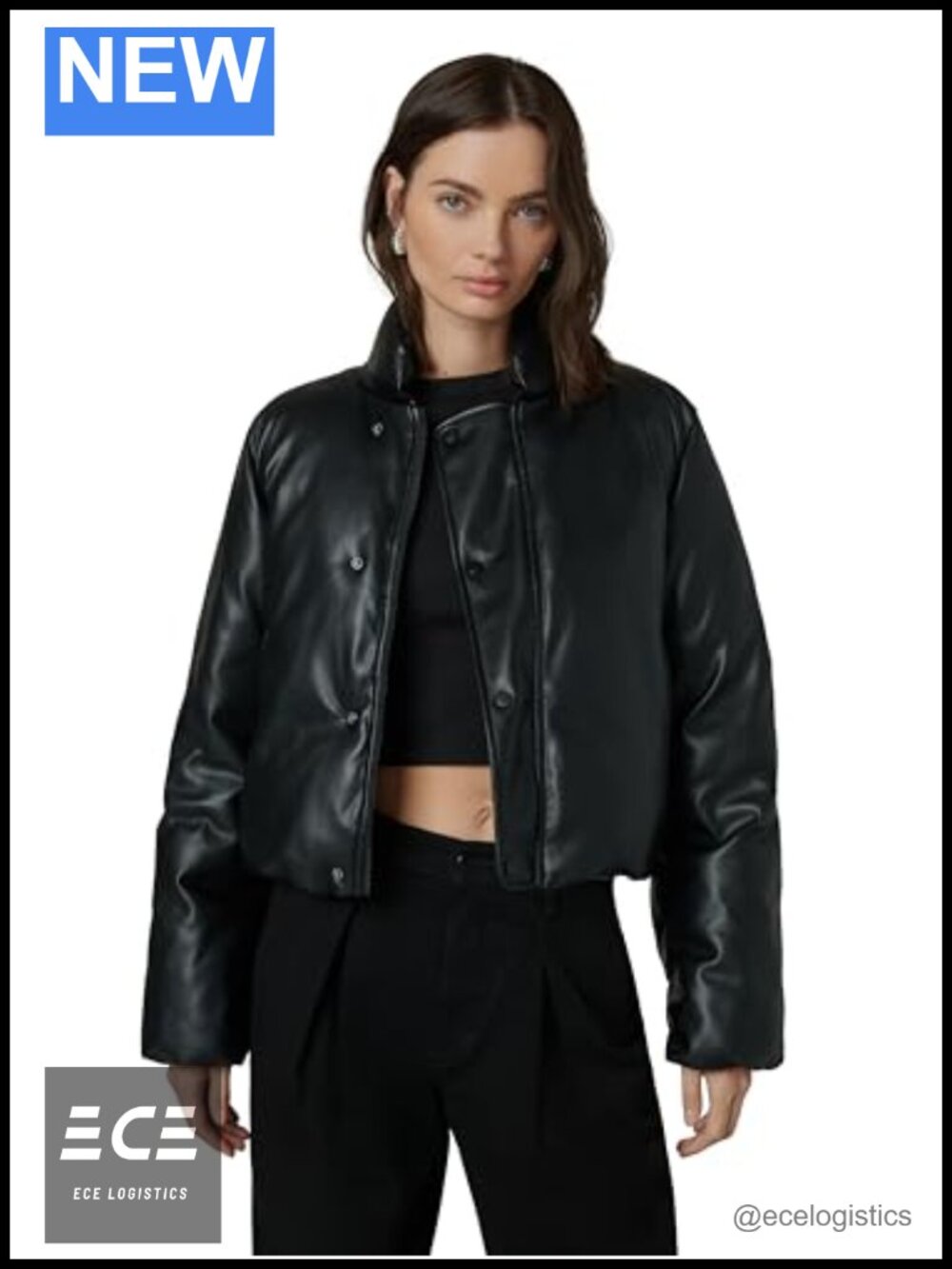 Vegan Leather Bomber Jacket Bubble Hem Cropped Zip Snap